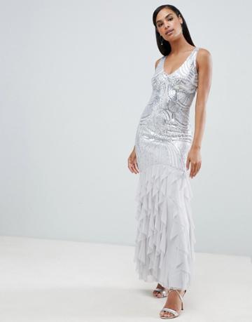 Lipsy Sequin Maxi Dress With Tulle Skirt - Silver