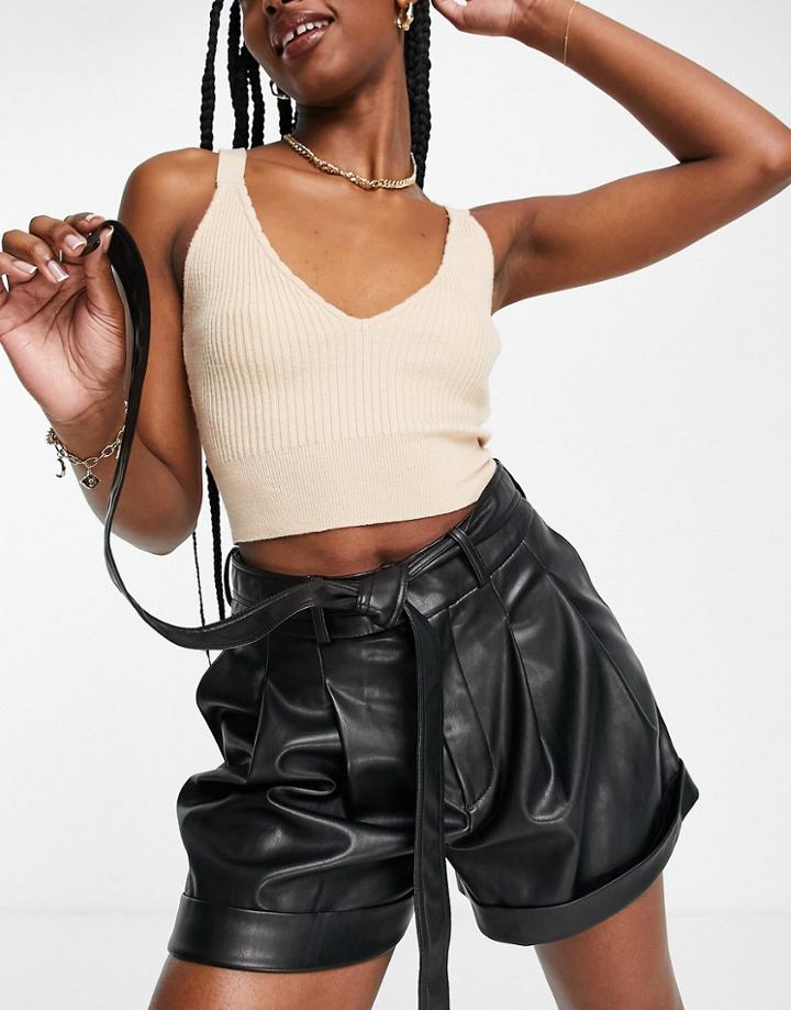 Miss Selfridge Faux Leather Belted Short In Black