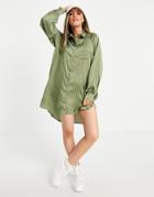 Lola May Oversized Dip Hem Stripe Shirt Dress In Khaki-green