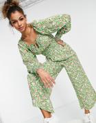 Asos Design Shirred Waist Square Neck Jumpsuit In Green Floral-multi