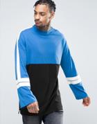 Asos Super Longline Long Sleeve T-shirt With Color Blocking And Wide Sleeve - Blue