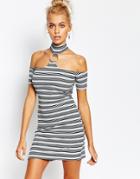 The Ragged Priest Bodycon Dress With Cold Shoulder & Ring Detail In Stripe - Stripe
