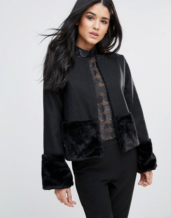Minimum Fur Trim Boxy Coat - Black