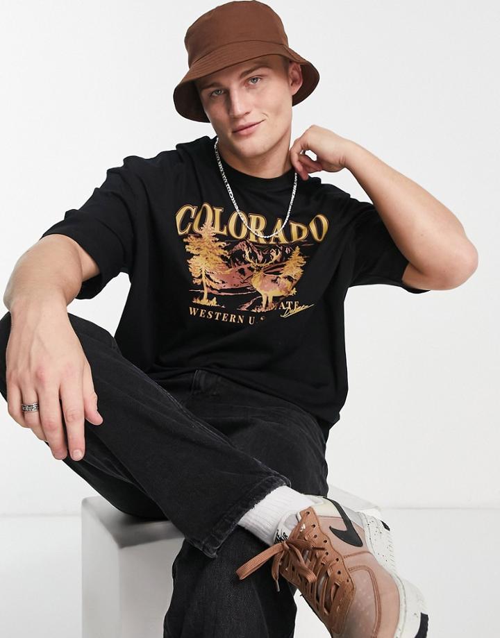 Asos Design Oversized T-shirt In Black With Colorado Front Print