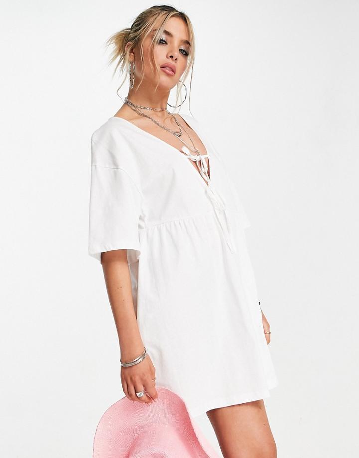 Asos Design Mini Smock Dress With Double Tie Detail In White