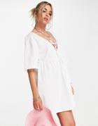 Asos Design Mini Smock Dress With Double Tie Detail In White