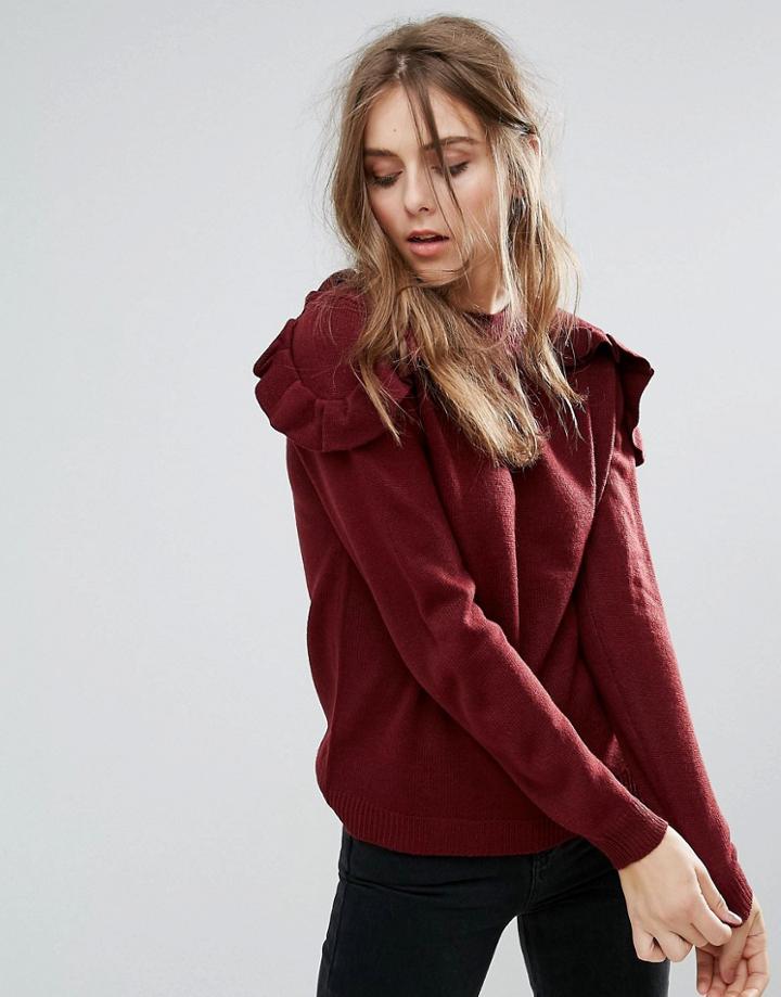 Brave Soul Frill Shoulder Sweater - Red