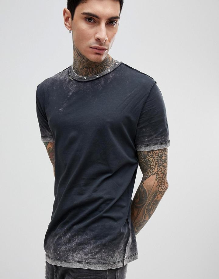 Asos Relaxed Longline T-shirt In Acid Wash With Distressing And Studding - Gray
