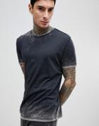 Asos Relaxed Longline T-shirt In Acid Wash With Distressing And Studding - Gray