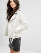 Mango Leather Look Biker Jacket With Buckle Detail - White