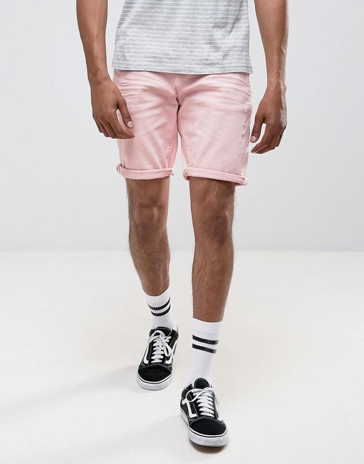 Asos Denim Shorts In Stretch Slim Light Pink With Abrasions - Pink
