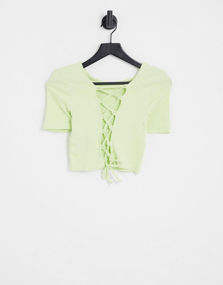 Noisy May Cropped Lace Up Back T-shirt In Green