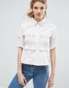 Lost Ink Short Sleeve Shirt With Frill Details - Beige