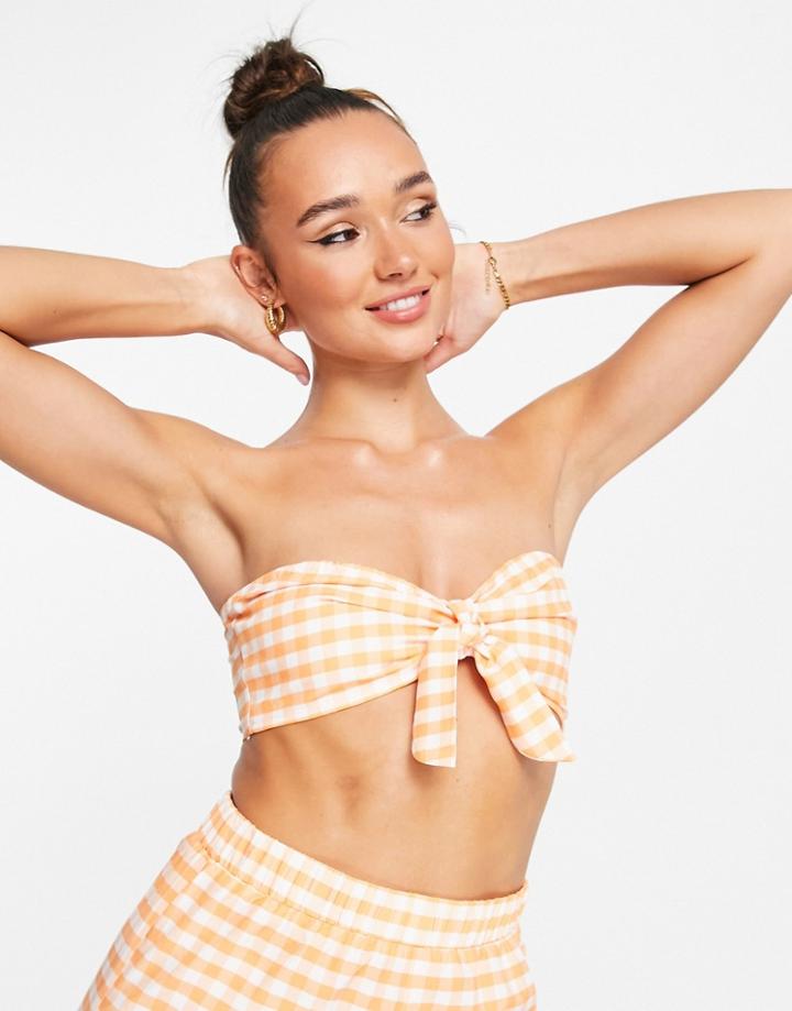 Extro & Vert Tie Front Crop Top In Orange Gingham -set