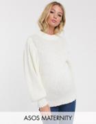 Asos Design Maternity Sweater In Lofty Yarn With Volume Sleeve-cream