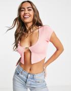 Asos Design Cropped Cardigan In Crinkle Texture With Metal Detail In Pink-orange