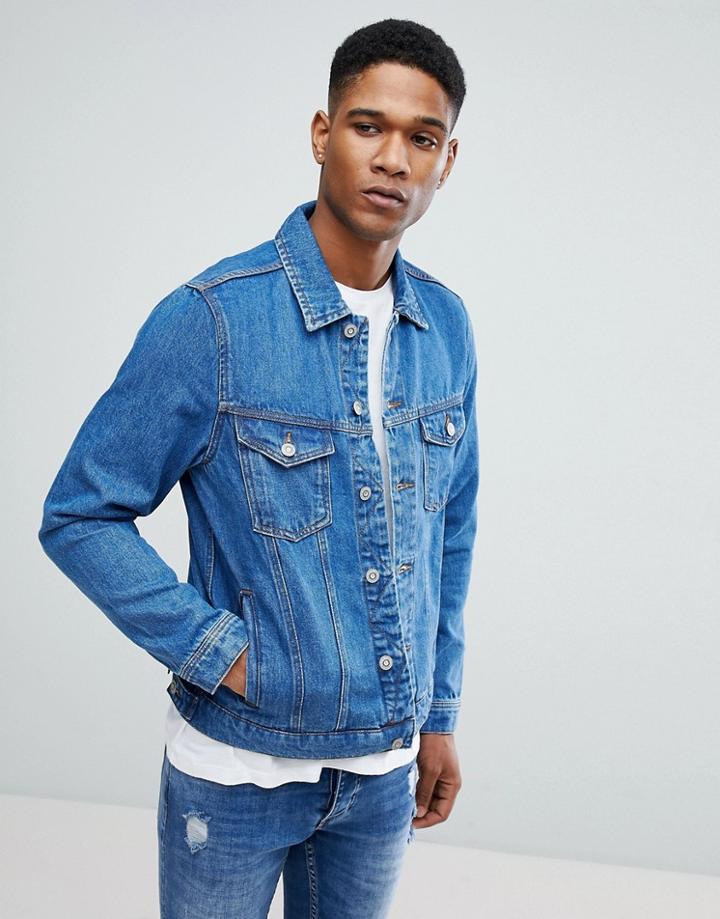 Mango Man Denim Jacket In Mid Wash - Blue