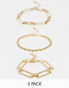 Asos Design Pack Of 3 Bracelets In Mixed Link Chains In Gold Tone - Gold