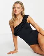 Pieces Frill Detail One Shoulder Swimsuit In Black
