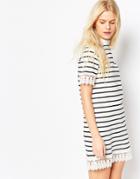 Asos High Neck Dress In Stripe Print With Lace Trim - Multi
