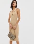 Asos Design Midi Rib Dress With Collar - Beige