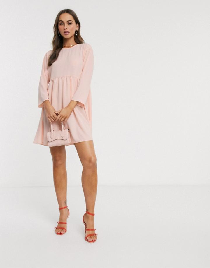 Asos Design Long Sleeve Smock Mini Dress In Blush-pink
