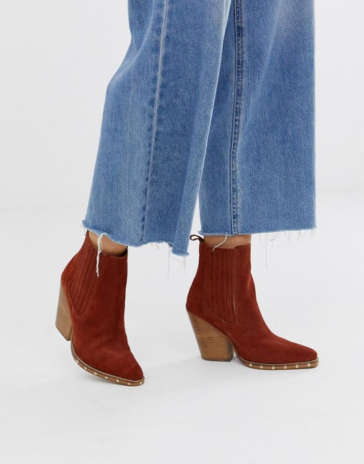 Asos Design Relative Suede Studded Heeled Western Boots In Rust-tan