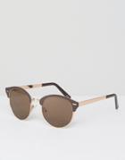 Asos Rounded Retro Sunglasses In Brown And Gold Metal - Brown