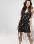 Mango Floral Embroidered Mesh Dress - Black