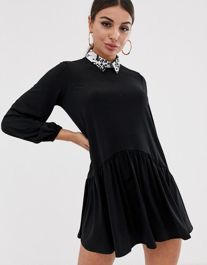Asos Design Mini Smock Dress With Leopard Collar