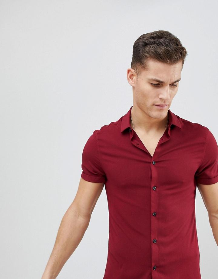 Asos Design Skinny Viscose Shirt In Burgundy - Red