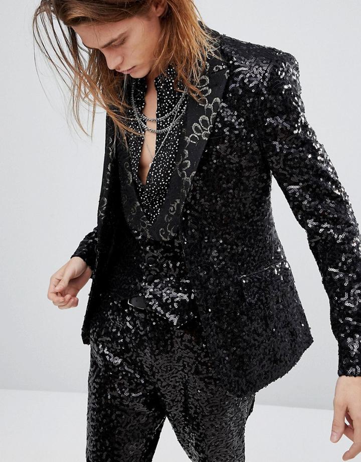 Asos Super Skinny Blazer In Black Sequins With Gold Trims - Black