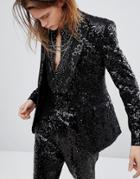 Asos Super Skinny Blazer In Black Sequins With Gold Trims - Black