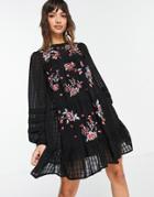 Asos Design Embroidered Mini Smock Dress In Self Check In Black