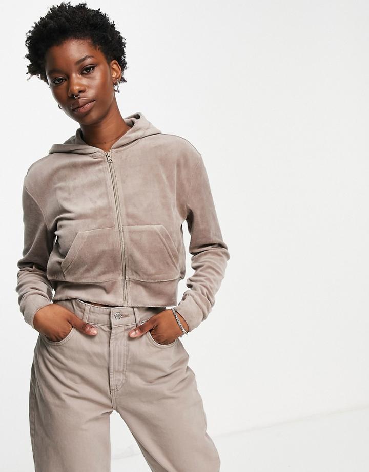 Weekday Juno Organic Cotton Velour Zip Hoodie In Mole-neutral