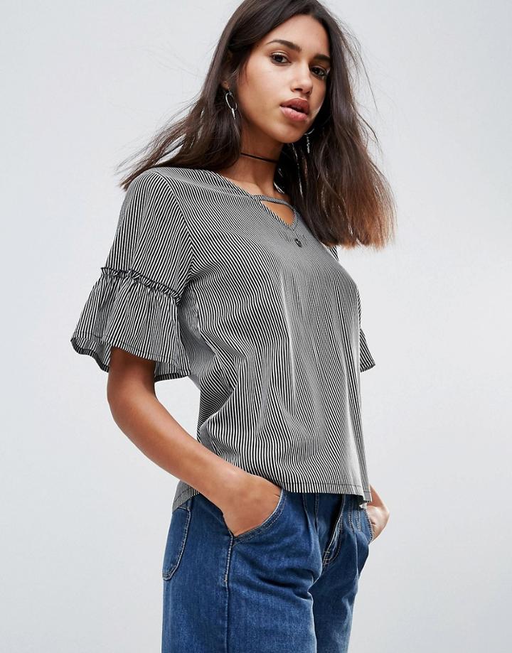 Rock & Religion 3/4 Sleeve Stripe Frill Sleeve Top - Black