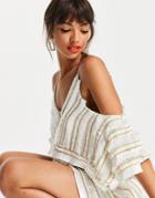 Asos Design Cold Shoulder Linear Embellished Cami Top Set With Tassle Detail-white