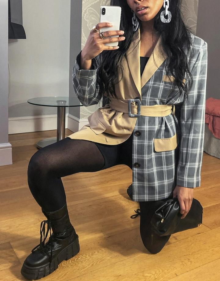 Asos Design Half-and-half Contrast Belted Blazer In Camel And Plaid-multi