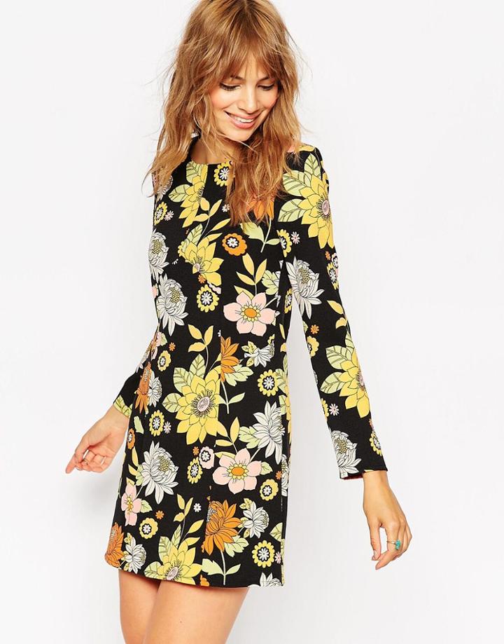 Asos Shift Dress With Long Sleeves In 60s Floral Print - Multi