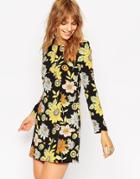 Asos Shift Dress With Long Sleeves In 60s Floral Print - Multi
