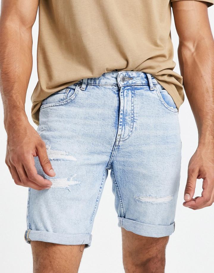 Pull & Bear Vintage Fit Denim Shorts In Bleach Blue With Rips-blues