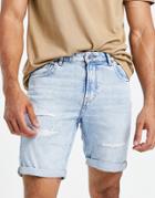 Pull & Bear Vintage Fit Denim Shorts In Bleach Blue With Rips-blues