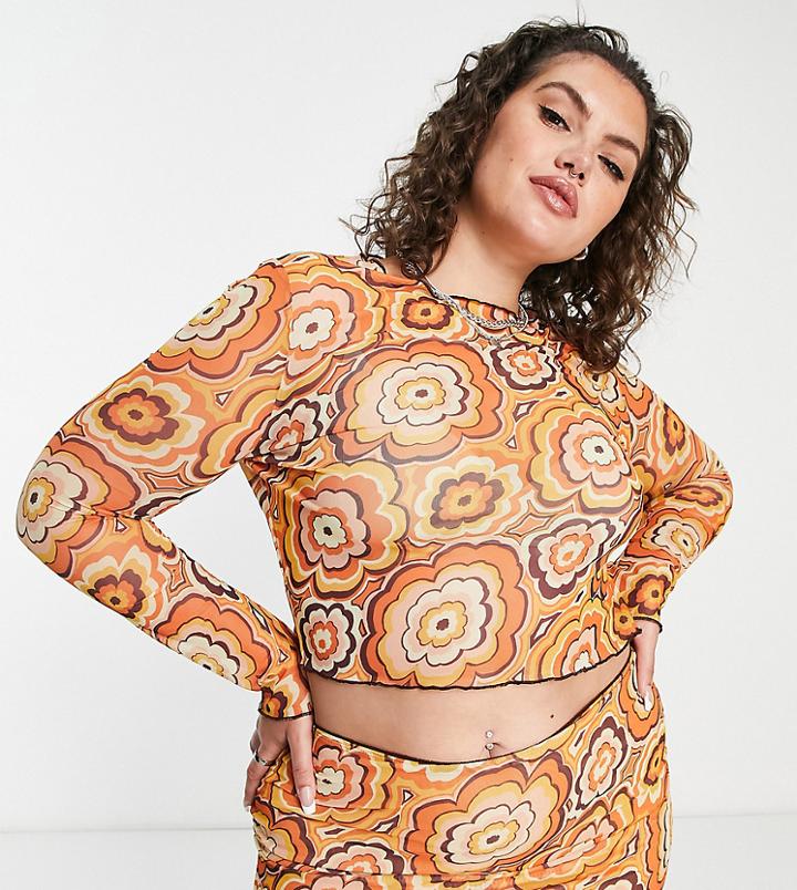 Neon Rose Plus Long Sleeve Lettuce Hem Crop Top In 70s Floral Mesh - Part Of A Set-multi