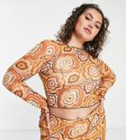 Neon Rose Plus Long Sleeve Lettuce Hem Crop Top In 70s Floral Mesh - Part Of A Set-multi