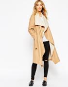 Asos Coat With Waterfall Front And Belt - Camel
