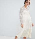 Little Mistress Maternity Sheer Lace Top Midaxi Dress With Pleated Skirt - Cream