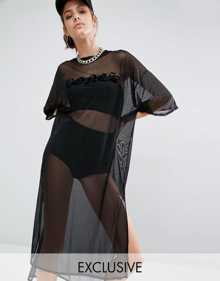 Bones Oversized Boxy Sheer Mesh T-shirt Dress - Black