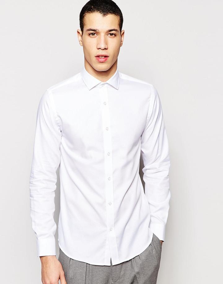 Selected Homme Textured Shirt With Cut Away Collar In Slim Fit - White