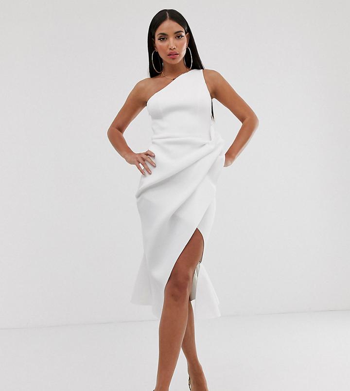 Asos Design Tall One Shoulder Tucked Peplum Pencil Midi Dress-white