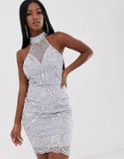 Lipsy High Neck Sequin Dress In Sliver - Silver